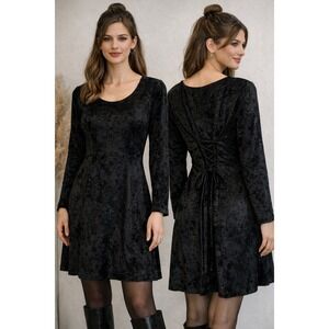 Vintage Jamie Brooke Black Crushed Velvet Corset Back Long Sleeve Dress 14 16
